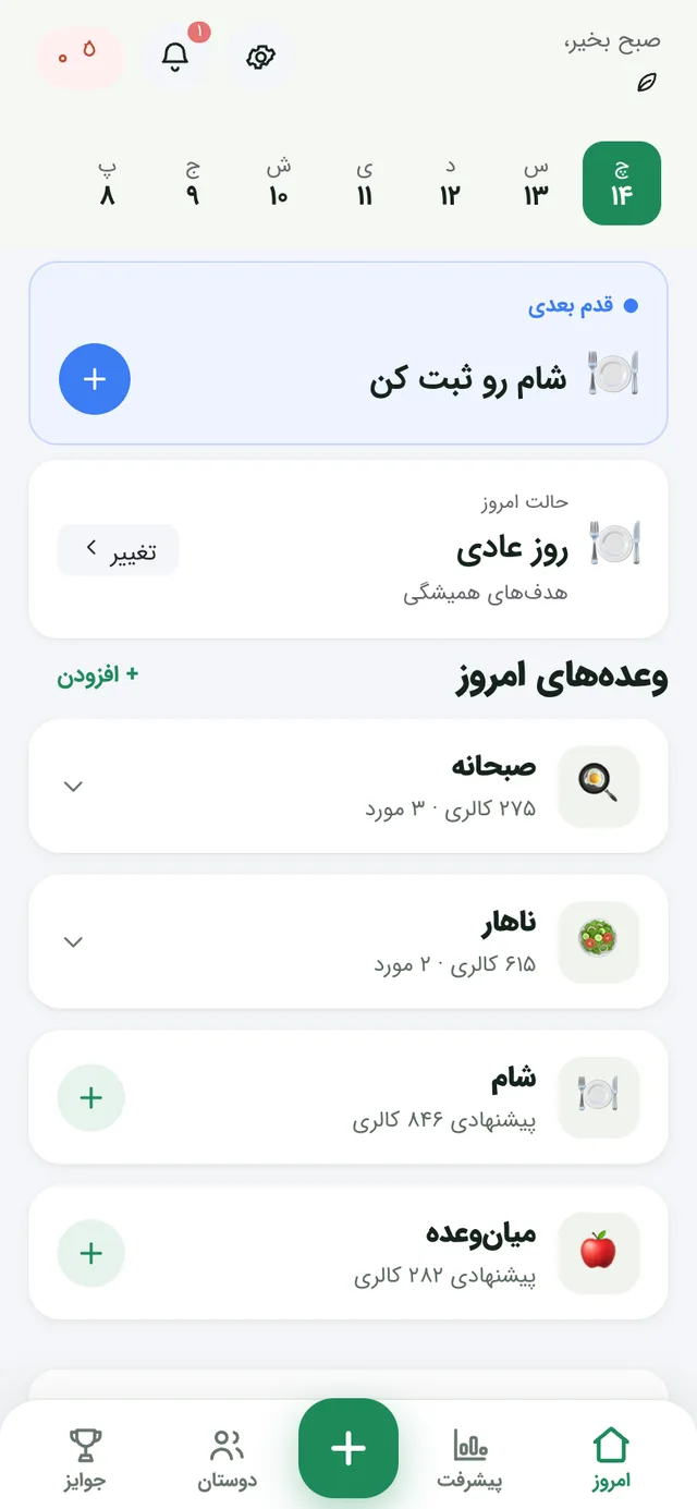 صفحهٔ «امروز» در زی‌نو: وعده‌های روز با کالری هر وعده، حالت امروز و قدم بعدی