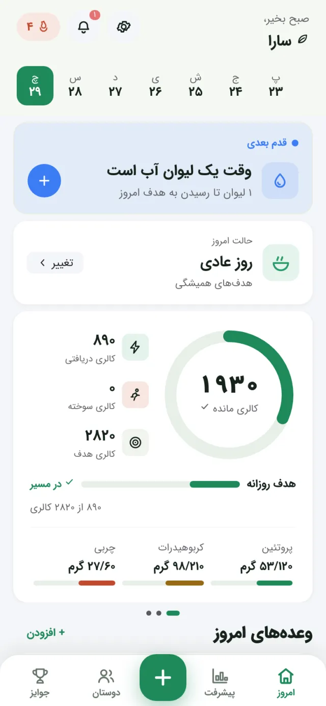 صفحهٔ «امروز» در زی‌نو: قدم بعدی، حالت امروز، حلقهٔ کالری باقی‌مانده و پیشرفت پروتئین، کربوهیدرات و چربی