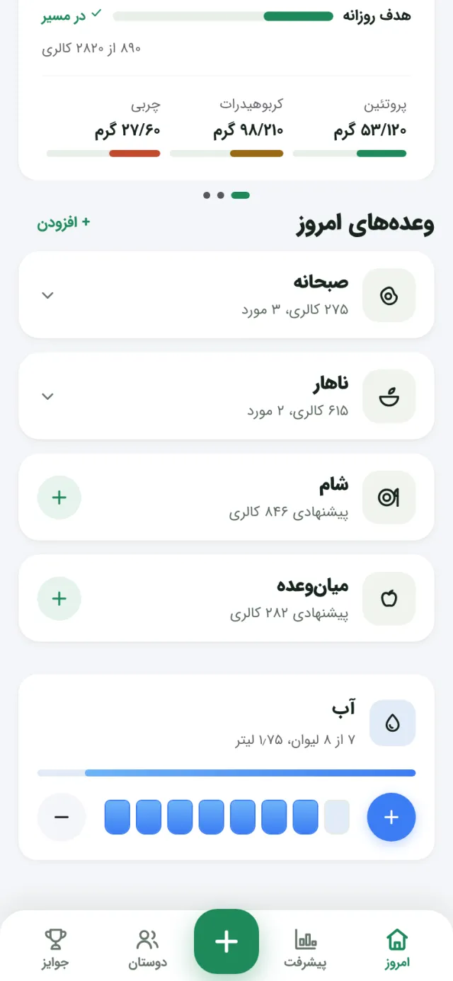 وعده‌های امروز و کارت آب با لیوان‌های پرشده و دکمهٔ افزودن لیوان